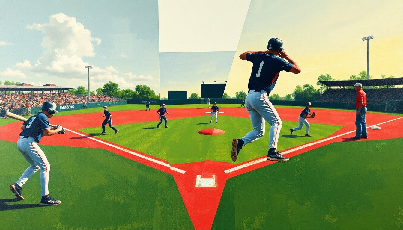 A fragmented, cubist-style painting depicting the dynamic action of a high school baseball game, with overlapping geometric shapes and planes of green, red, and player silhouettes, conveying the energy and intensity of the district championship matchup.