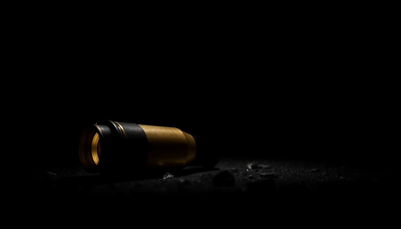 An extreme close-up photograph of a spent shell casing on the ground, the harsh flash creating dramatic shadows and textures that convey the serious, investigative nature of the crime scene.