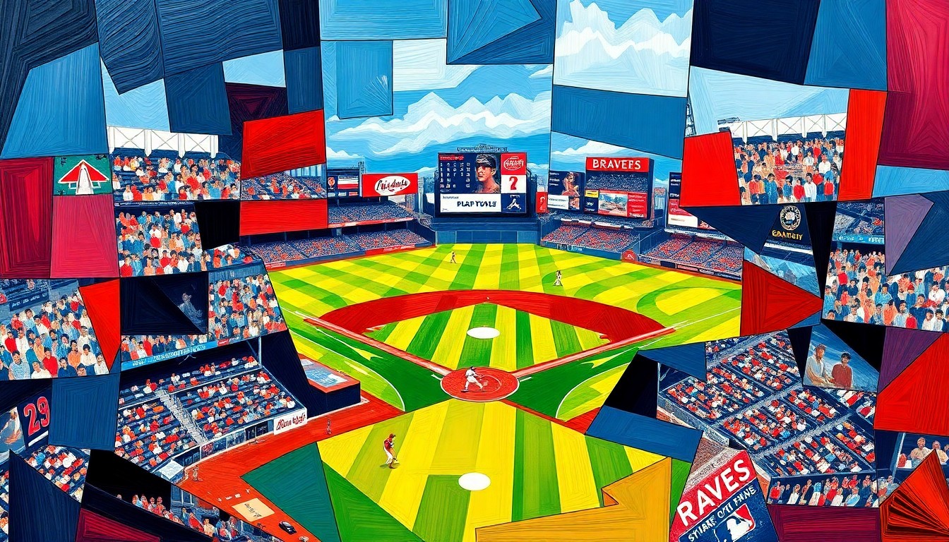 A cubist, geometric painting depicting a baseball game or match, with sharp, overlapping planes of navy blue, red, and white representing the Braves' team colors and the fractured, multi-perspective nature of the sport.