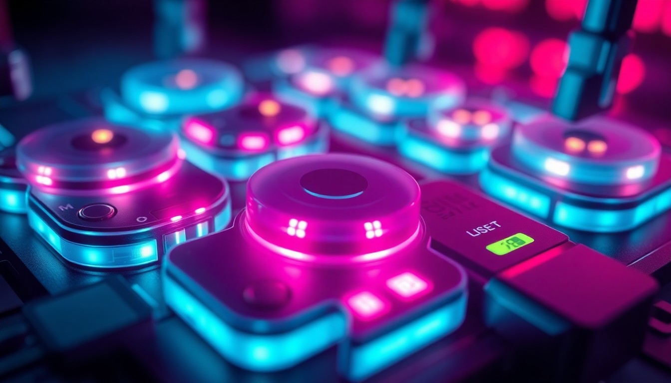 A close-up, macro illustration of the Saramonic WiTalk9 X wireless intercom system, with its modular components illuminated by neon cyan and magenta lights, conveying the high-tech, futuristic nature of the product and its advanced communication capabilities.