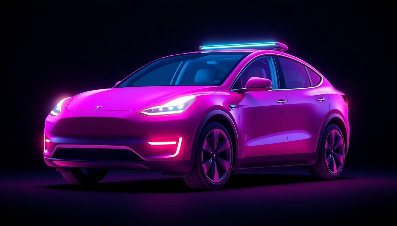 A highly detailed, glowing 3D illustration of a Tesla Model Y electric vehicle with its sensors and autonomous driving hardware illuminated by neon cyan and magenta lights, floating against a dark background, conceptually representing the advanced technology powering Tesla's self-driving capabilities.