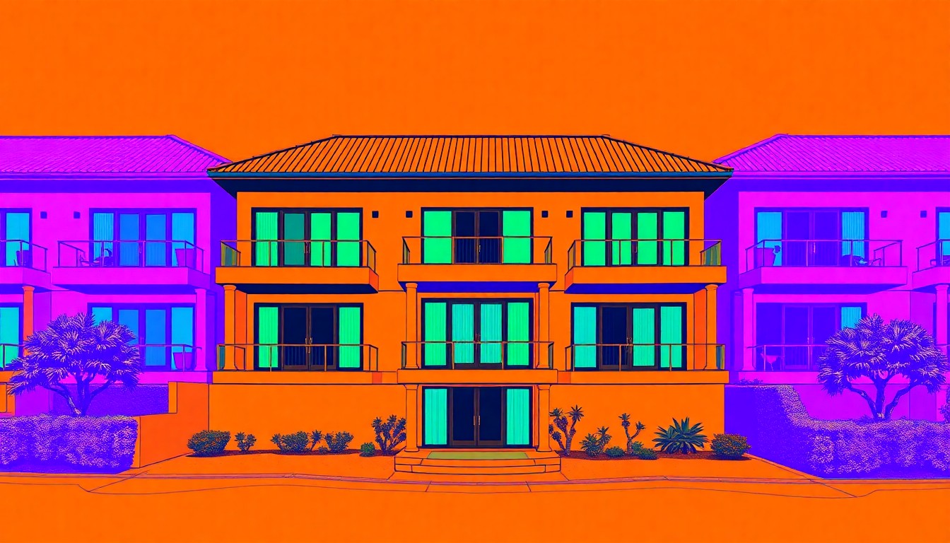 A brightly colored, high-contrast silkscreen print of a luxury coastal home exterior, repeated in a tight grid pattern in the style of Andy Warhol, using flat, vibrant, and unnatural neon color palettes overlapping with heavy black photographic outlines.