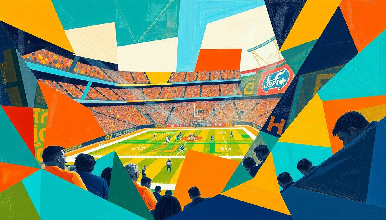 A cubist-style painting depicting a fragmented, geometric scene of a football game or draft day, with sharp planes of teal, orange, and navy blue colors representing the dynamic action and strategic decisions involved in the Dolphins' upcoming draft.