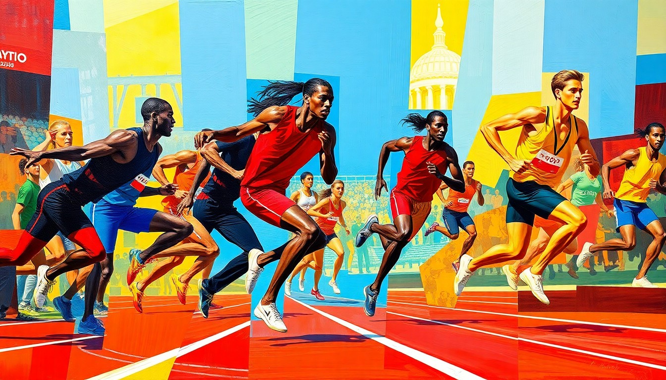 A fragmented, cubist-style painting depicting various track and field athletes in motion, with their bodies and movements broken down into sharp, overlapping geometric shapes and planes in a vibrant color palette.