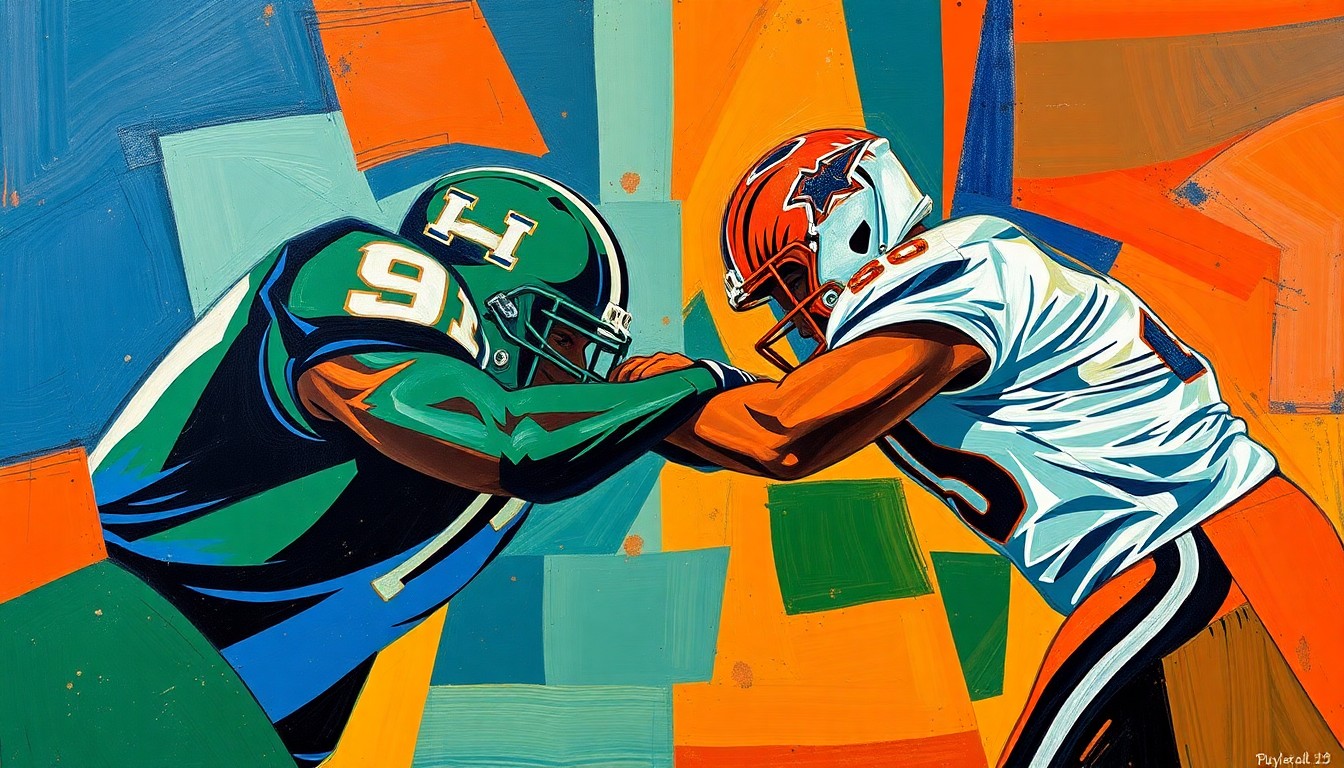 A fragmented, cubist-style painting depicting the powerful collision between a defensive tackle and an offensive lineman, with sharp geometric shapes and bold colors capturing the raw energy of the play.