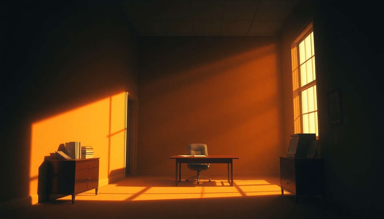 A dimly lit, cinematic office space with a lone desk and chair, the room bathed in warm, diagonal sunlight and deep shadows, conveying a sense of solitude and uncertainty in the face of organizational upheaval.