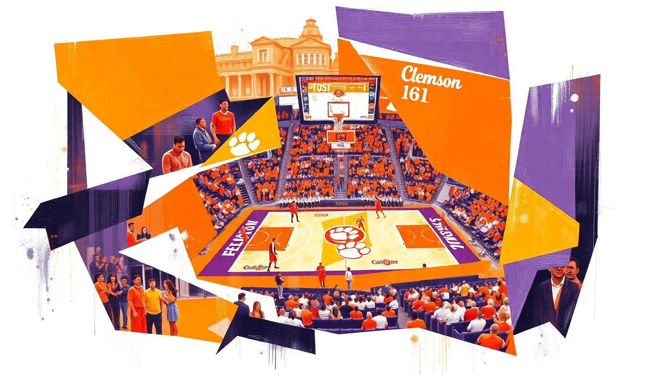A cubist, geometric painting depicting a fragmented, multi-perspective view of a college basketball game, with sharp, overlapping planes in Clemson's signature orange, purple, and white colors.