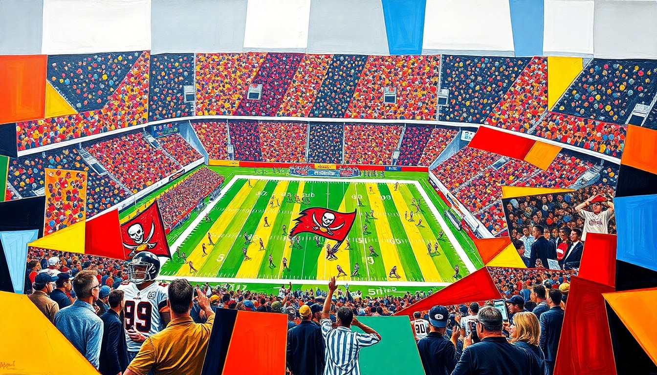 A fragmented, geometric painting in the Buccaneers' red and pewter colors, depicting a football game broken down into sharp, overlapping shapes and planes.