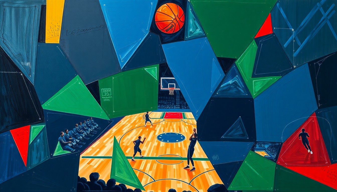 A fragmented, geometric painting in bold colors depicting the action and intensity of a professional women's basketball game.