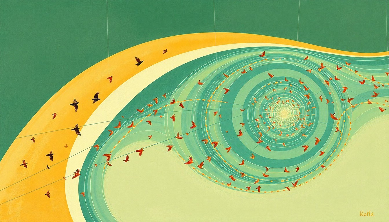 A highly textured, abstract painting in earthy tones of green, blue, and orange, featuring sweeping geometric arcs and precise botanical spirals that conceptually represent the complex migratory patterns of songbirds as they navigate through a coastal city's bright lights.