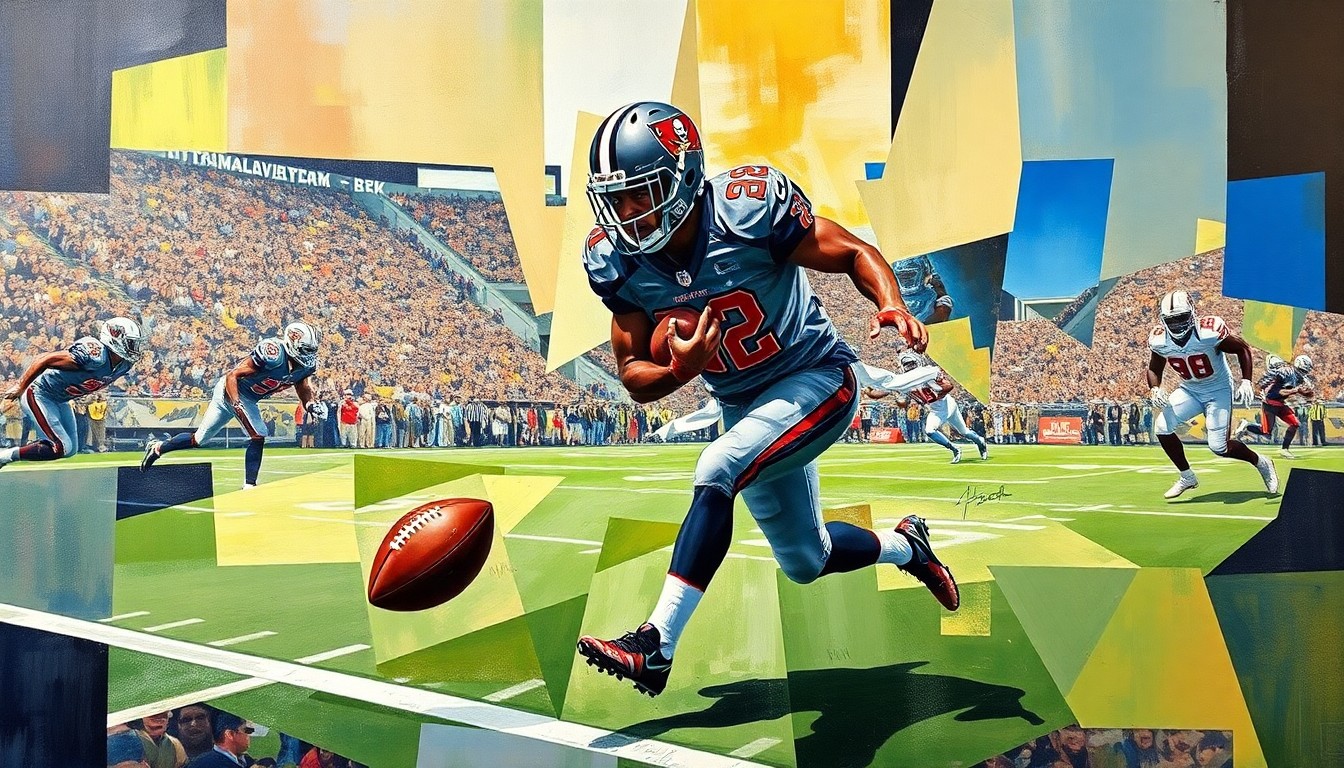 A fragmented, cubist-style painting depicting a Tampa Bay Buccaneers defensive player in motion, with the figure broken down into sharp, angular shapes and planes of color, capturing the dynamic energy of the sport.