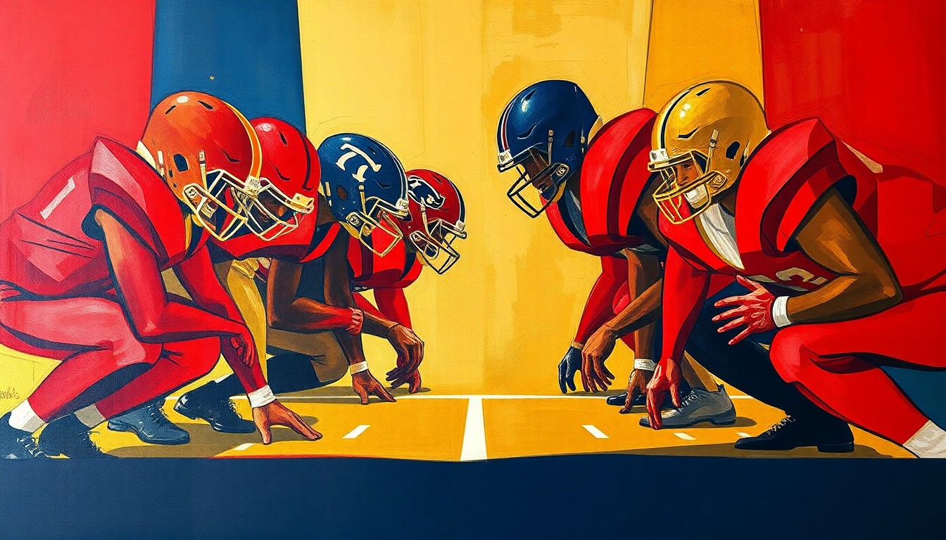 A fragmented, cubist-style painting depicting an offensive line in motion, with sharp geometric shapes and planes of red, gold, and navy blue, conveying the complexity and high stakes of the 49ers' choice at pick 27.