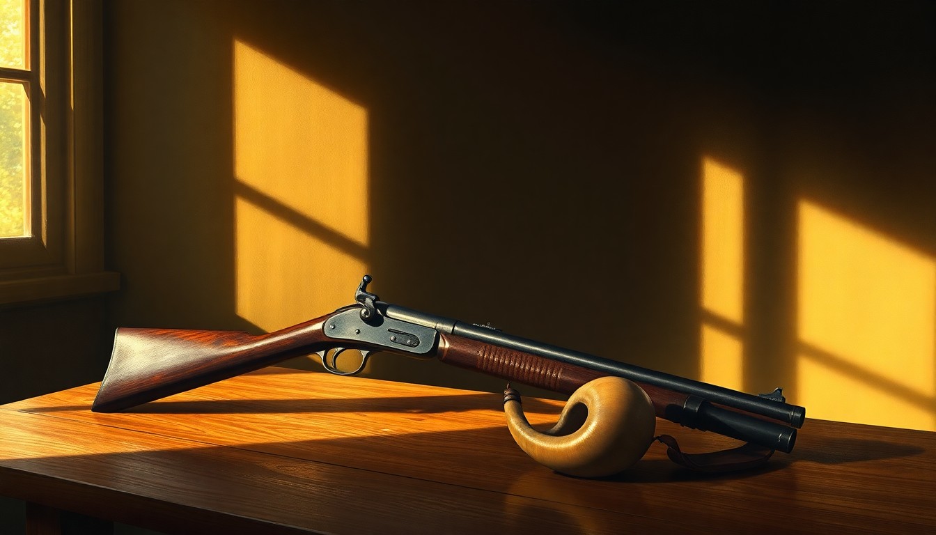 A close-up view of an antique musket and powder horn resting on a weathered wooden table, with warm sunlight casting deep shadows across the scene, evoking a sense of quiet contemplation and historical significance.