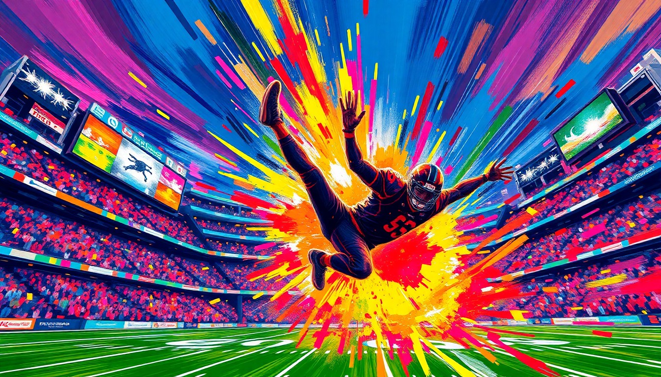 A highly textured, energetic painting in neon colors depicting the chaotic moment of a skydiver colliding with a football stadium scoreboard, conveying the raw intensity and danger of the incident.