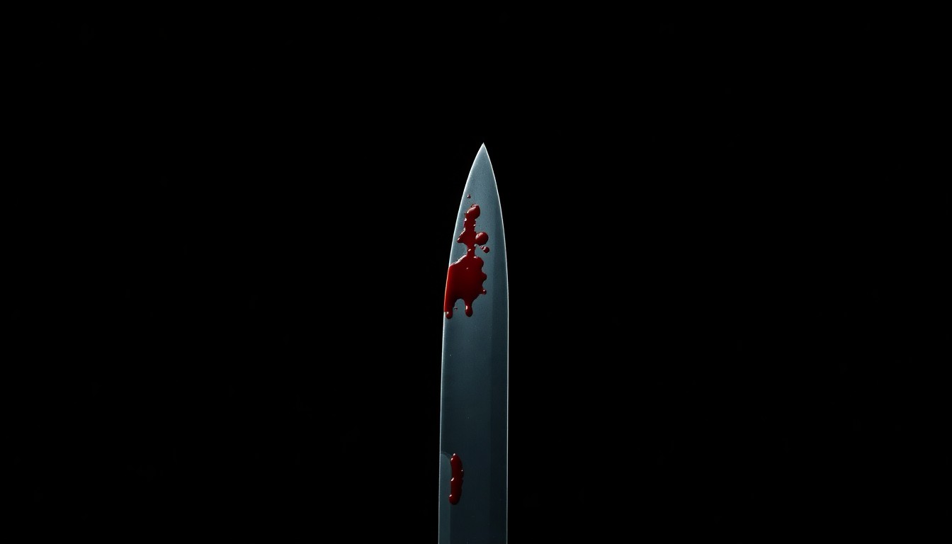 An extreme close-up photograph of a single bloody knife blade against a pitch-black background, conceptually illustrating the investigation into a violent stabbing incident.