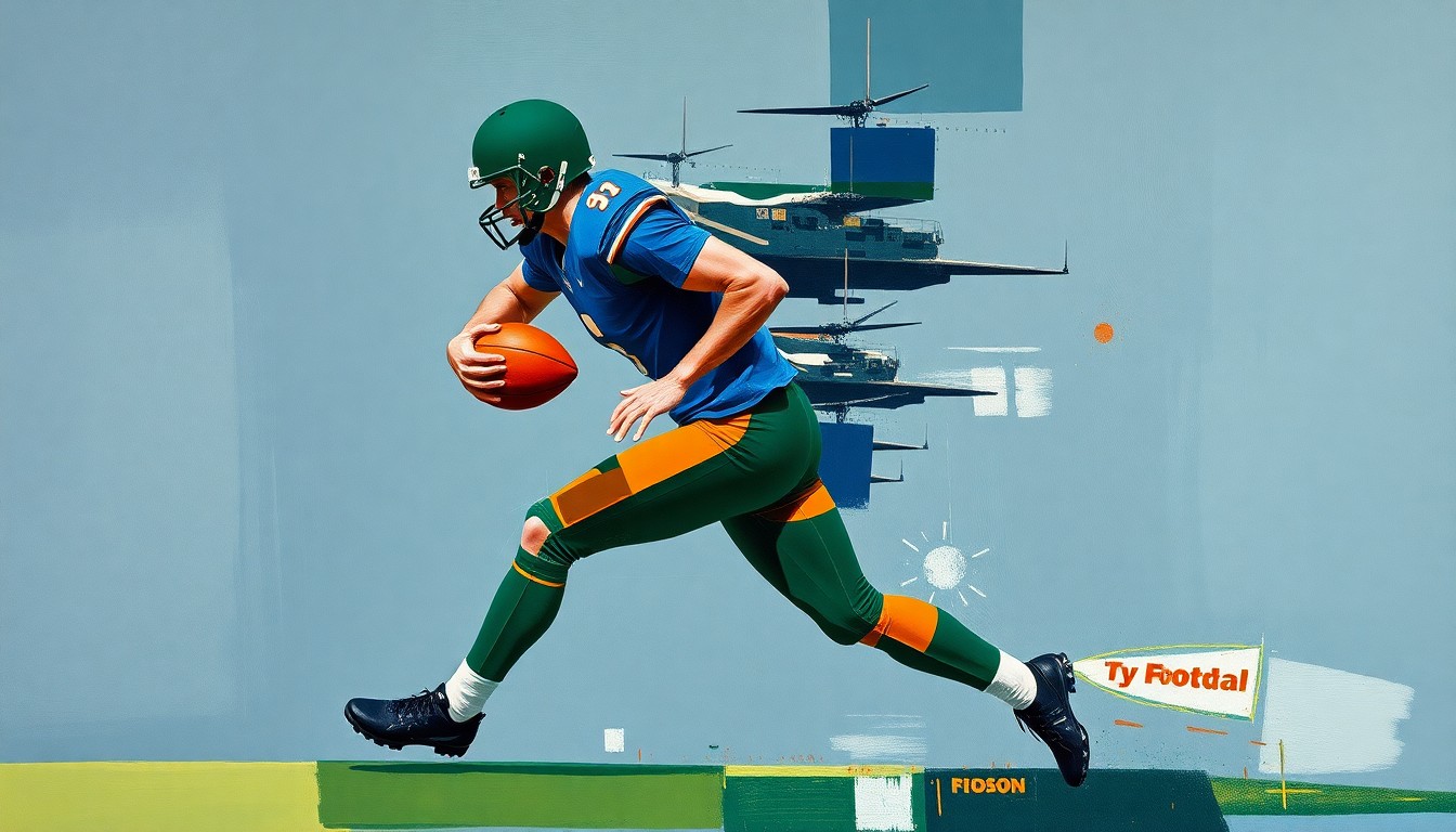 A fragmented, geometric painting depicting a football player in motion, their body broken down into sharp, overlapping planes of navy, green, and orange, conveying the raw athleticism and physicality of a receiver prospect.