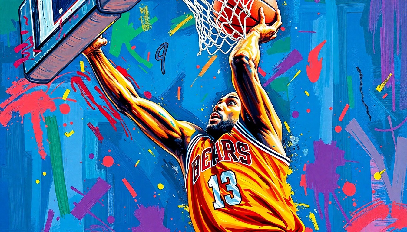 An abstract expressionist painting in vibrant neon colors, with rapid brushstrokes capturing the raw energy and emotion of a basketball player driving to the hoop, their face and jersey details dissolving into unrecognizable splatters of paint.