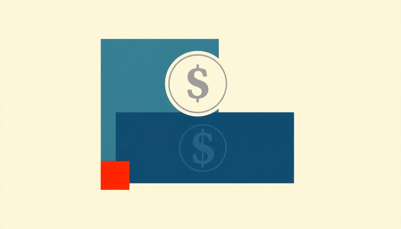 A geometric abstract illustration featuring overlapping triangles and circles in shades of blue, green, and red, conceptually representing the rounding of cash transactions to the nearest nickel.