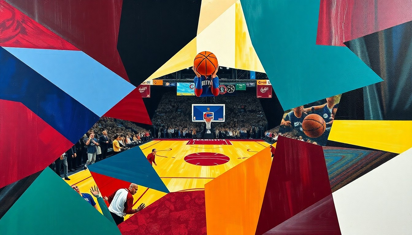 A fractured, cubist-style painting depicting the action of a basketball game, with sharp geometric shapes and planes in the team colors of the Cleveland Cavaliers and Toronto Raptors, conveying the intensity and chaos of the playoff matchup.