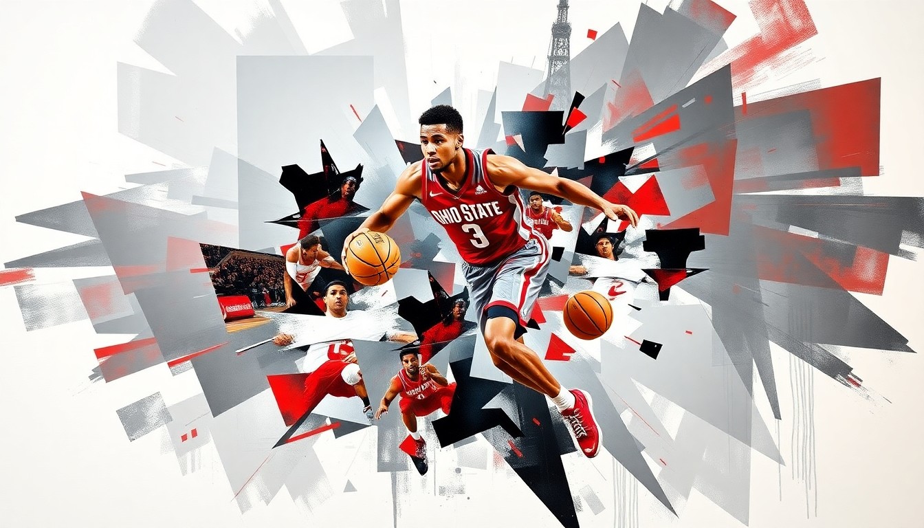 A cubist, geometric painting depicting a college basketball player in motion, with sharp planes of scarlet and gray colors representing Ohio State's team colors.
