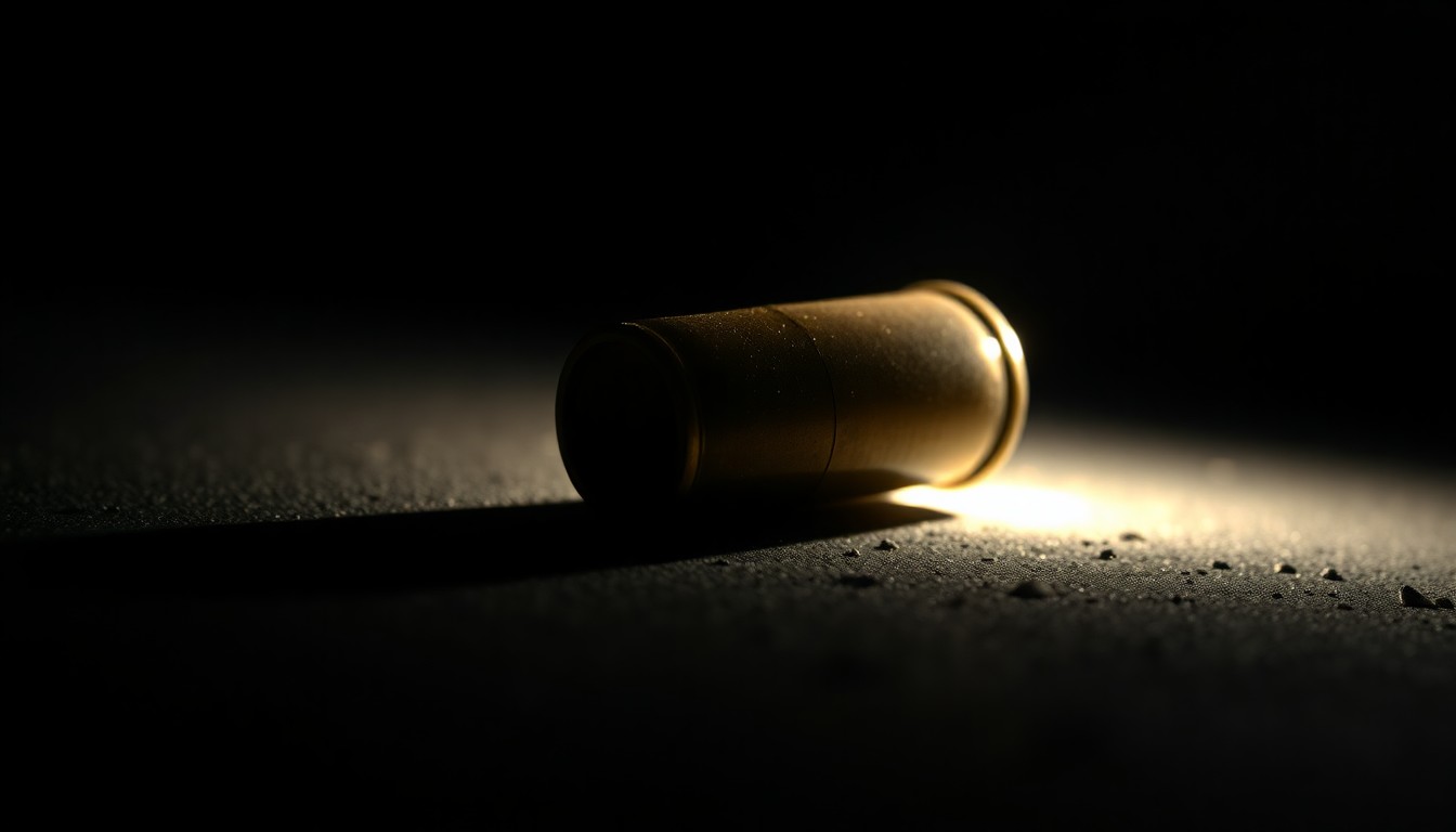 An extreme close-up of a spent shell casing resting on a dark, textured surface, the harsh flash illuminating its metallic details and creating a stark, gritty aesthetic that conceptually represents the investigation into a tragic act of violence.