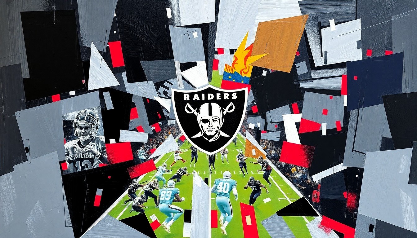 A cubist, geometric painting depicting a Raiders football game, with the players and field broken down into sharp, overlapping planes of silver, black, and red.
