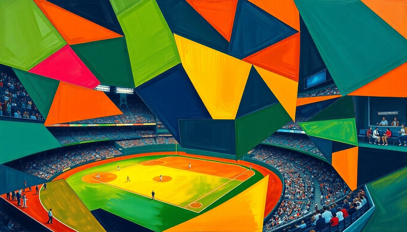 A cubist, geometric painting depicting a baseball game, with sharp, overlapping planes of color representing the fragmented perspectives and emotions of the confrontation between the manager and umpire.