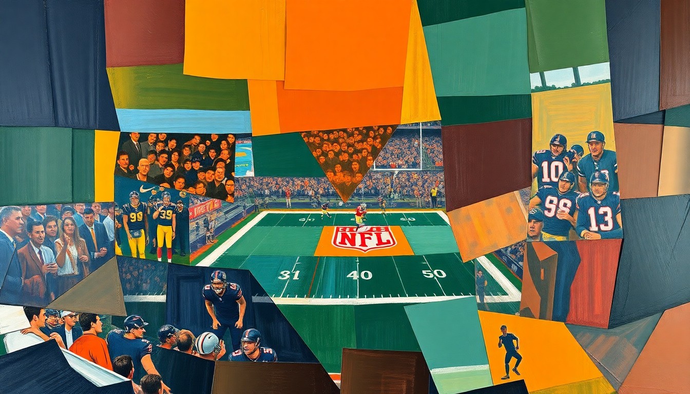 A cubist, geometric painting depicting fragmented, overlapping shapes and planes in navy, green, and orange, conceptually representing the complex decision-making process of an NFL team during the draft.