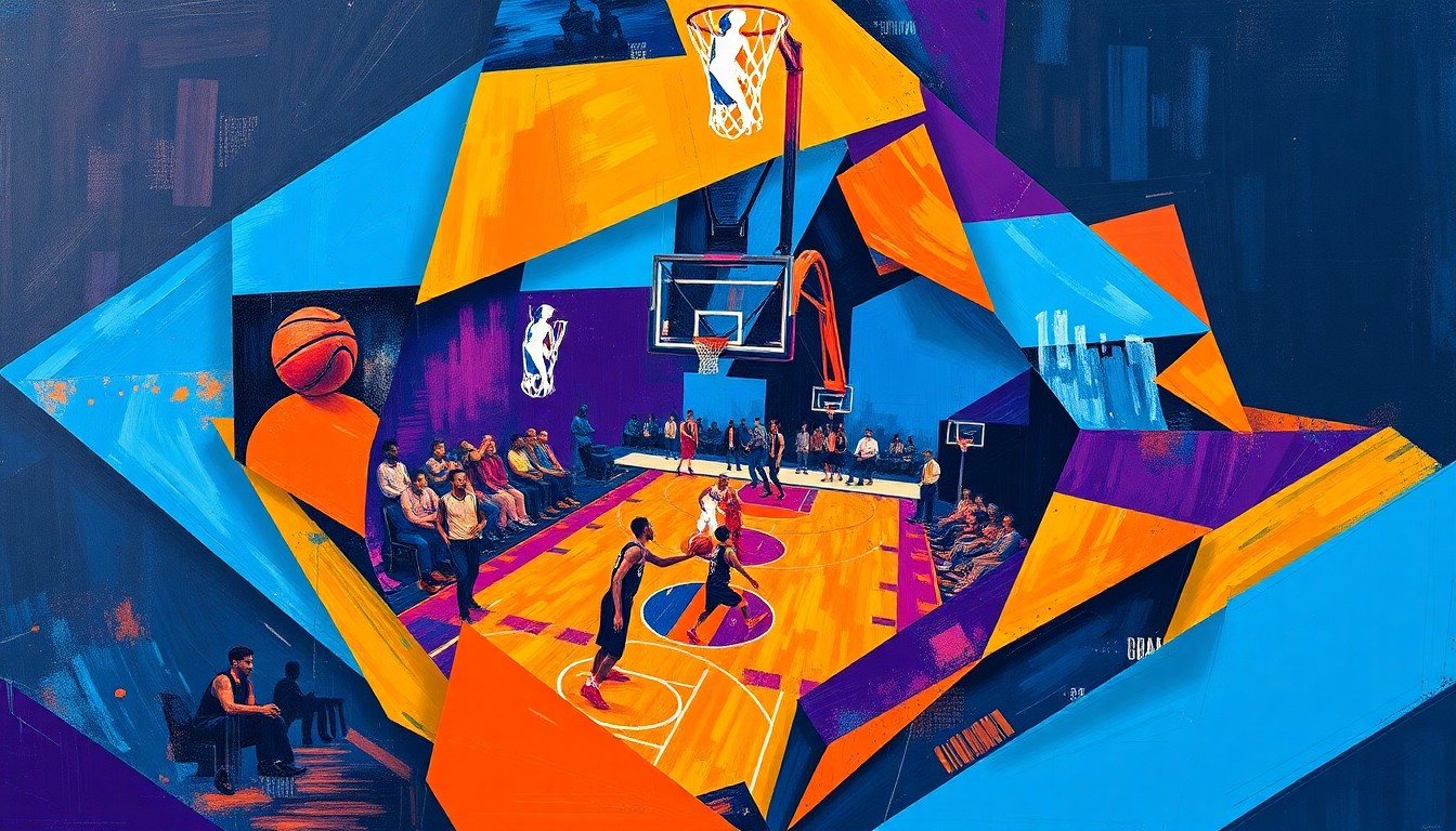 A fragmented, geometric painting depicting a basketball game, with sharp planes of color and overlapping perspectives, conveying the complex strategic decisions made by coaches during the playoffs.