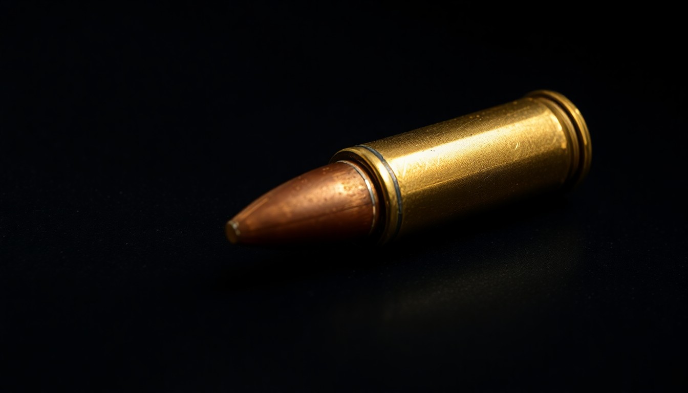 An extreme close-up photograph of a spent bullet casing on a dark, textured surface, lit by a harsh, direct camera flash, conceptually illustrating the evidence left behind from a shooting incident.
