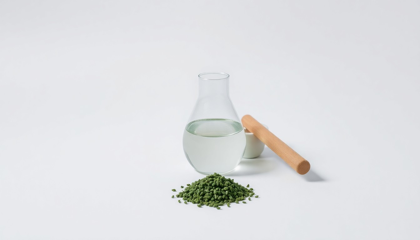A high-end studio photograph featuring a glass beaker, mortar and pestle, and green plant matter arranged elegantly on a clean white background, conceptually representing the research and development of cannabinoid-based pharmaceuticals.