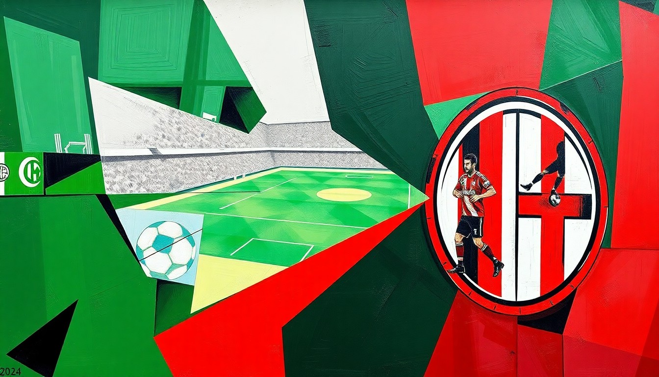 A fragmented, cubist-style painting depicting the action and energy of a Serie A soccer match, with players and the field broken down into sharp, overlapping geometric shapes and planes of color.
