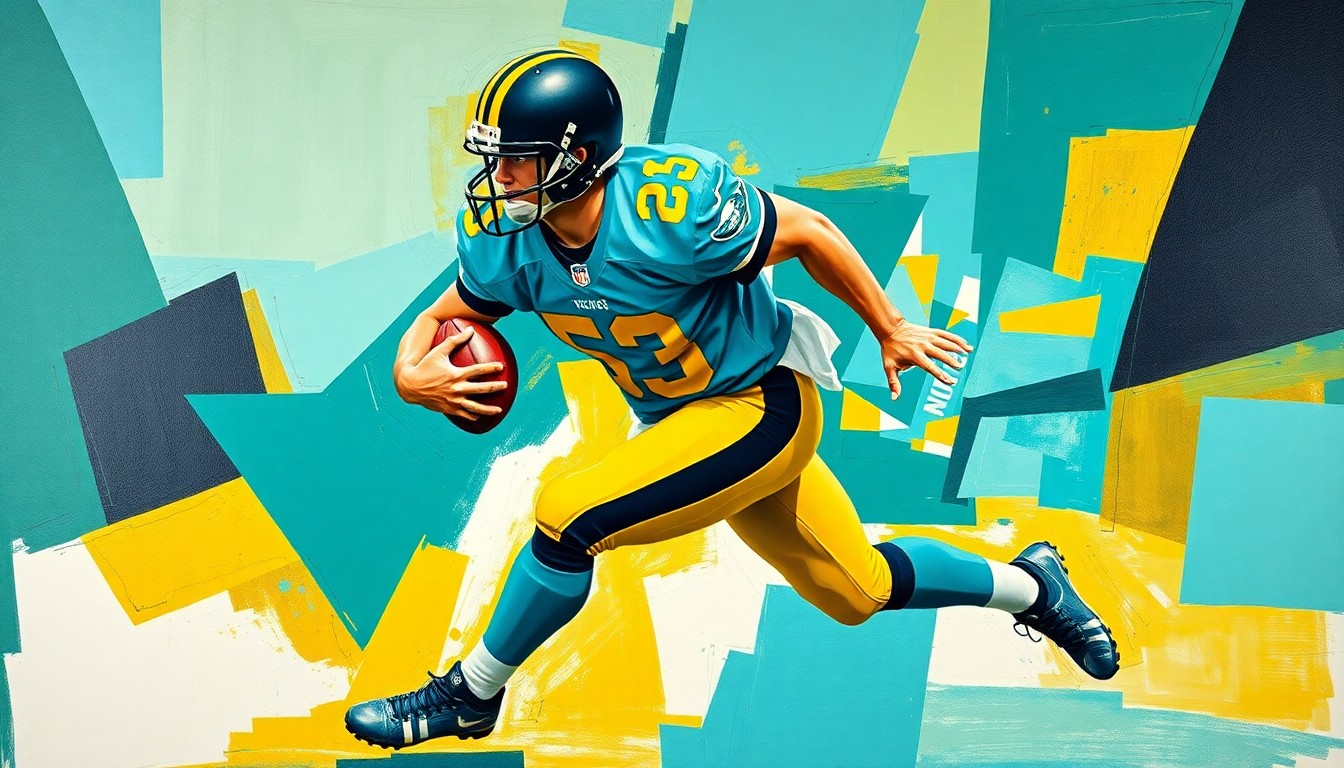 A fragmented, geometric painting depicting a football player in the act of rushing the passer, with sharp planes of teal, gold, and black colors.