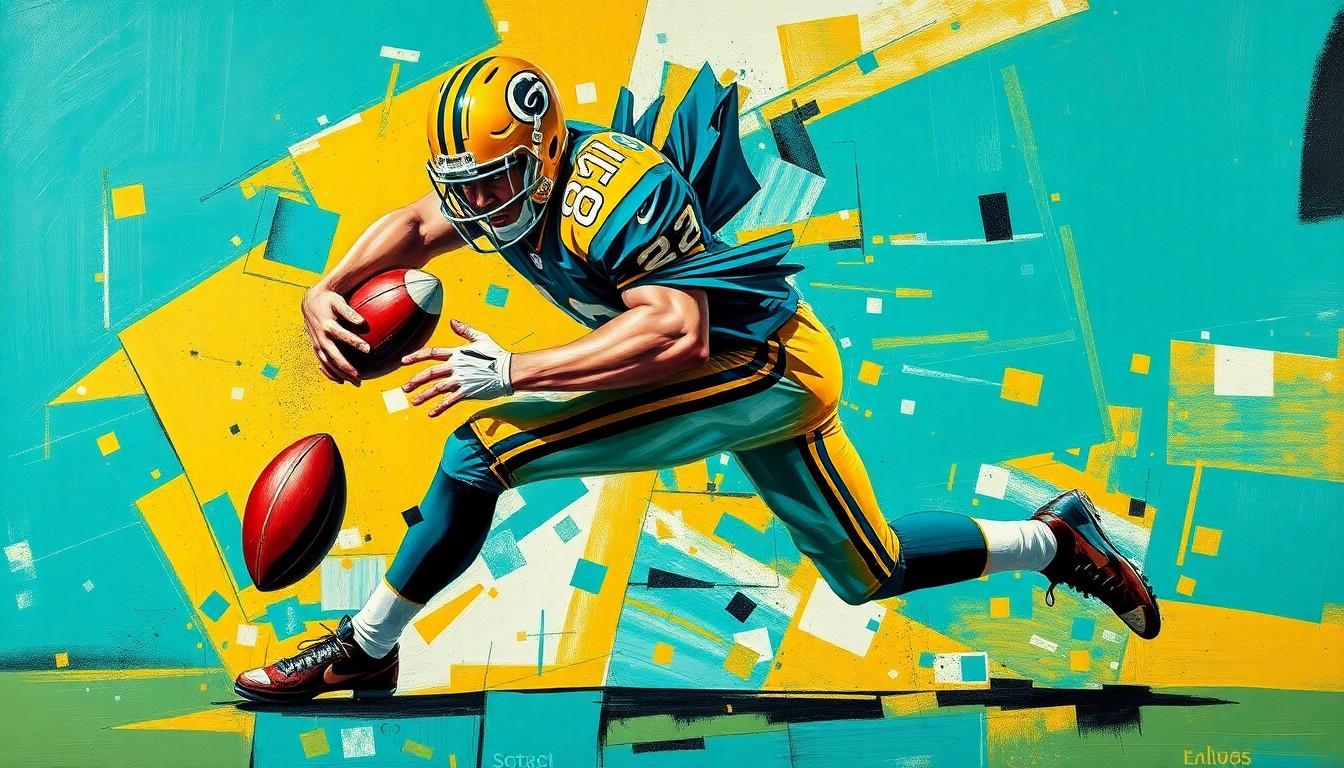 A fragmented, cubist-style painting depicting the explosive motion and energy of a football player making a tackle, with sharp geometric shapes and planes in shades of teal, gold, and black.
