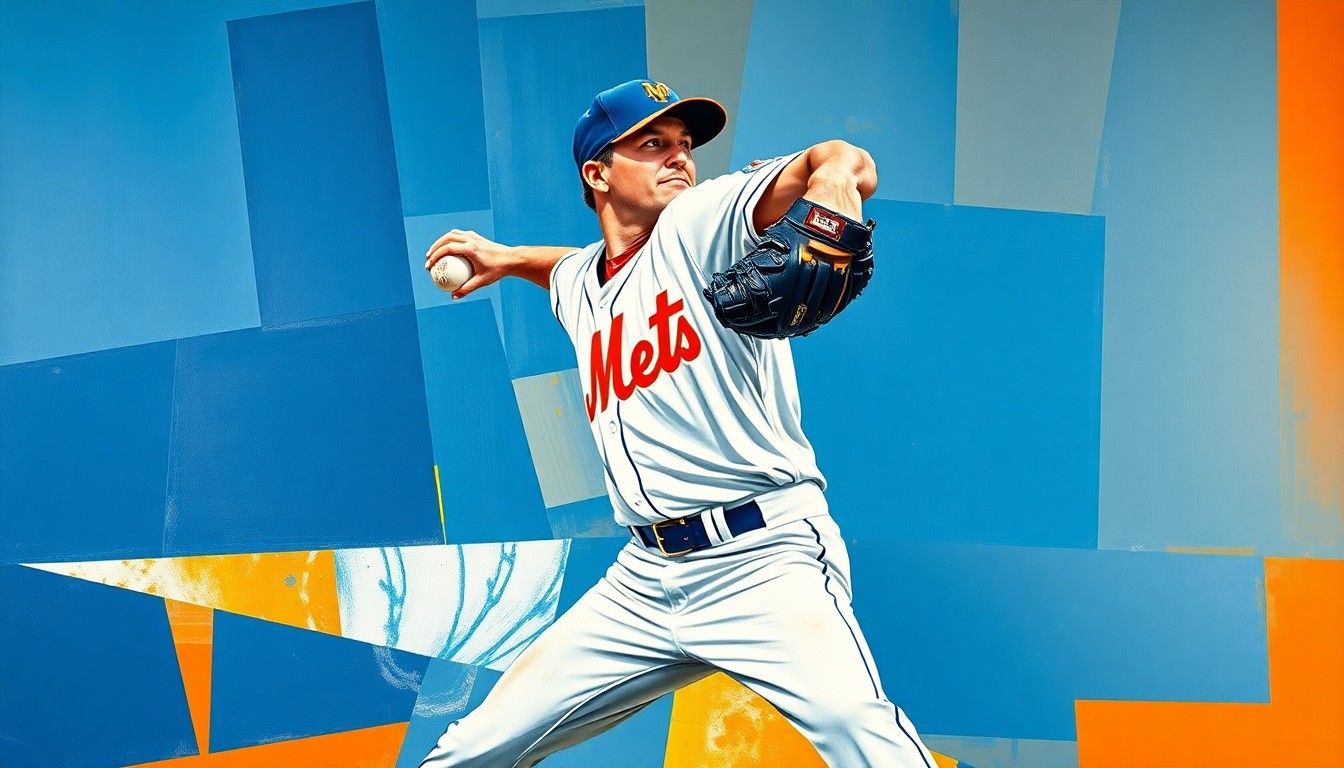 A fragmented, geometric painting depicting a baseball pitcher's motion broken down into sharp, overlapping planes of blue, orange, and white, representing the Mets' efforts to address their pitching issues.