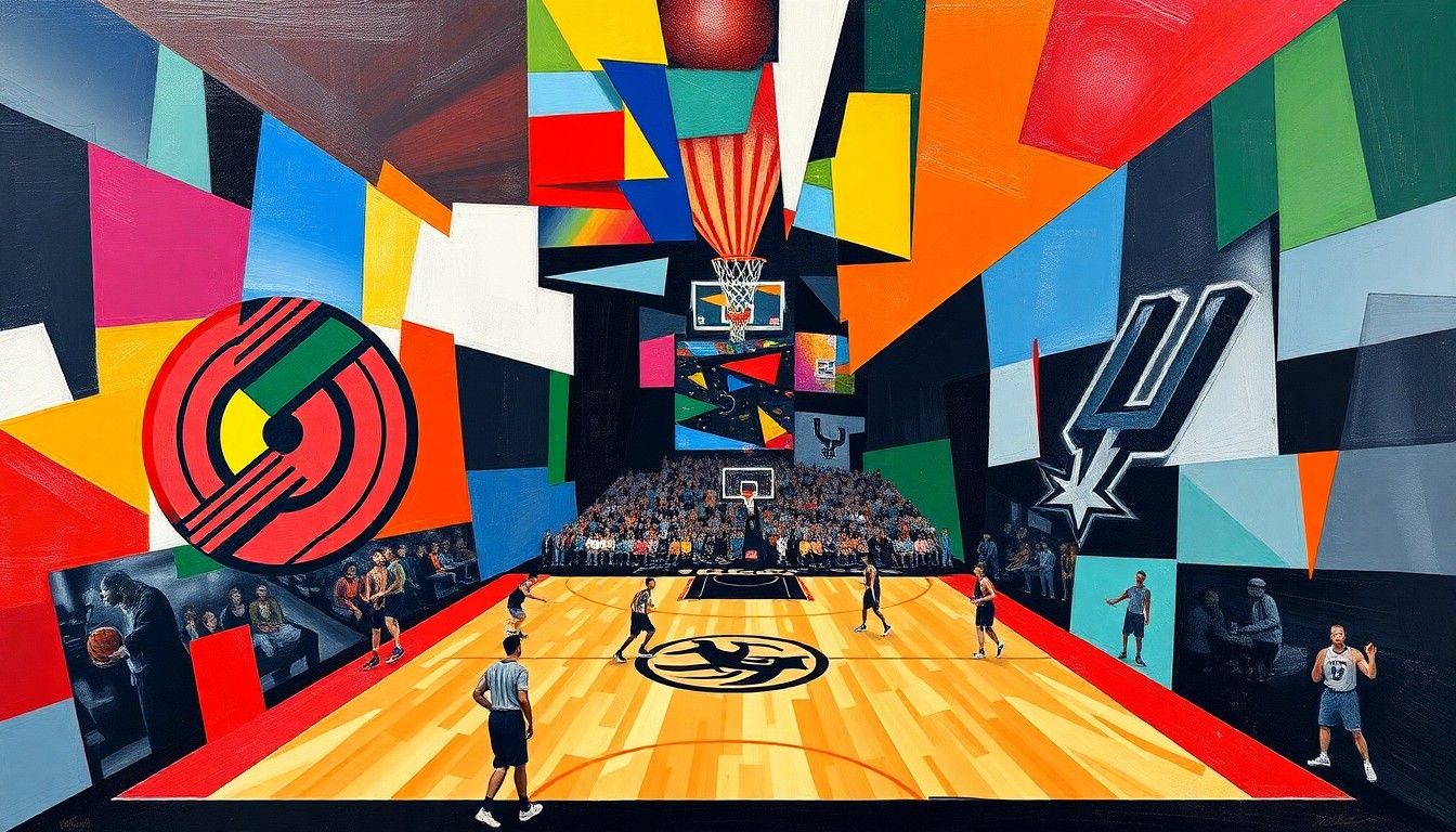 A cubist, geometric painting depicting a basketball game in motion, with sharp, overlapping planes of color representing the players and action on the court.