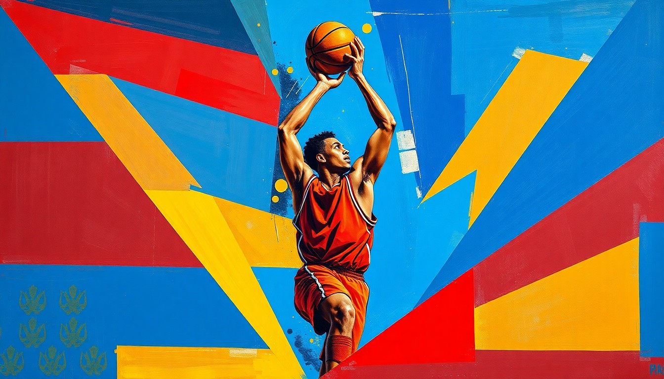 A fragmented, geometric painting depicting a basketball player shooting a three-pointer, the player's form broken down into sharp, overlapping planes of color.
