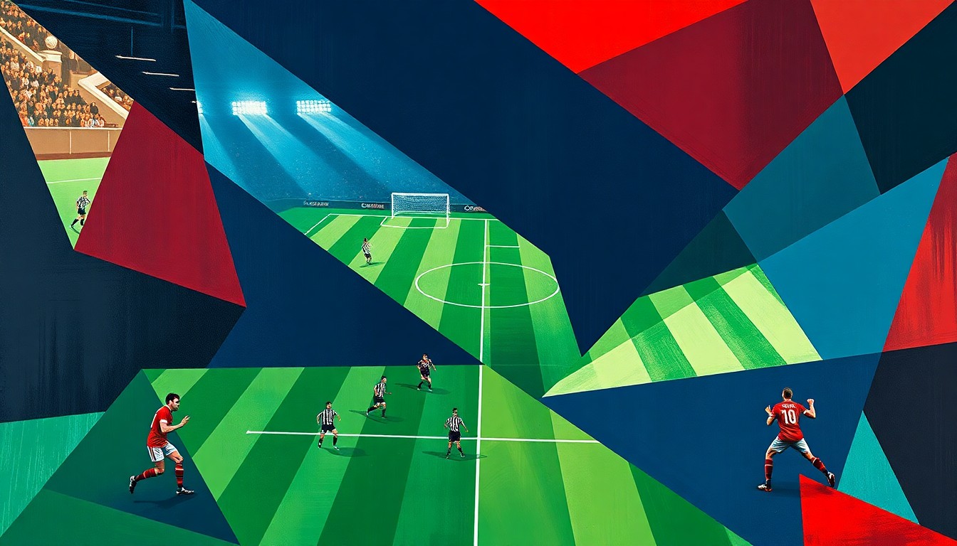 An abstract painting featuring sharp, overlapping geometric shapes in navy, green, and red, representing the fragmented play and missed opportunities in a soccer match between the Philadelphia Union and D.C. United.