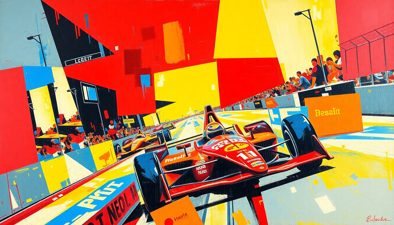 A fragmented, geometric painting depicting an IndyCar race scene, with sharp planes of color and overlapping perspectives, capturing the dynamic energy and tactical complexity of the event.