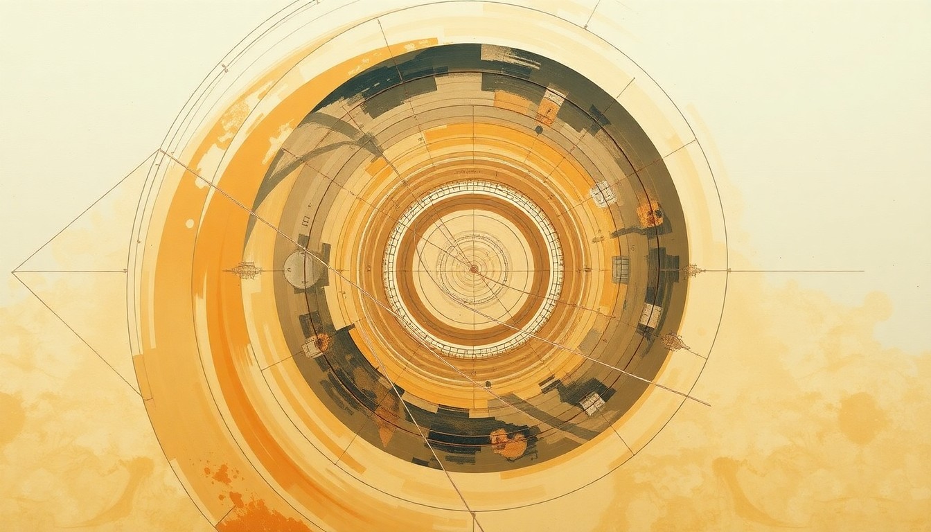 A highly textured, abstract painting in soft earth tones featuring sweeping geometric arcs, concentric circles, and precise spirals, conceptually representing the complex mechanisms and forces involved in space travel.