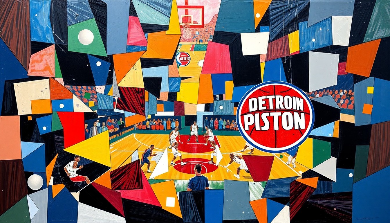 A fractured, multi-perspective painting in vibrant shades of red, blue, and purple, breaking down a basketball game into sharp, overlapping geometric shapes and planes, representing the challenges the Washington Wizards face as they rebuild their team.
