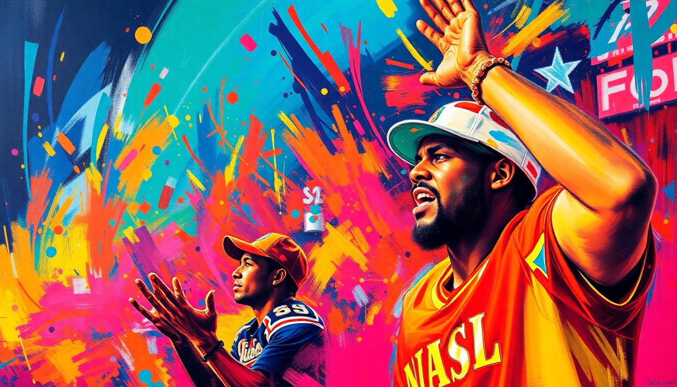 An abstract, textured painting in vibrant neon colors, with rapid brushstrokes and splatters that convey a sense of dynamic energy and passion, representing the spirit of Miami sports fans.
