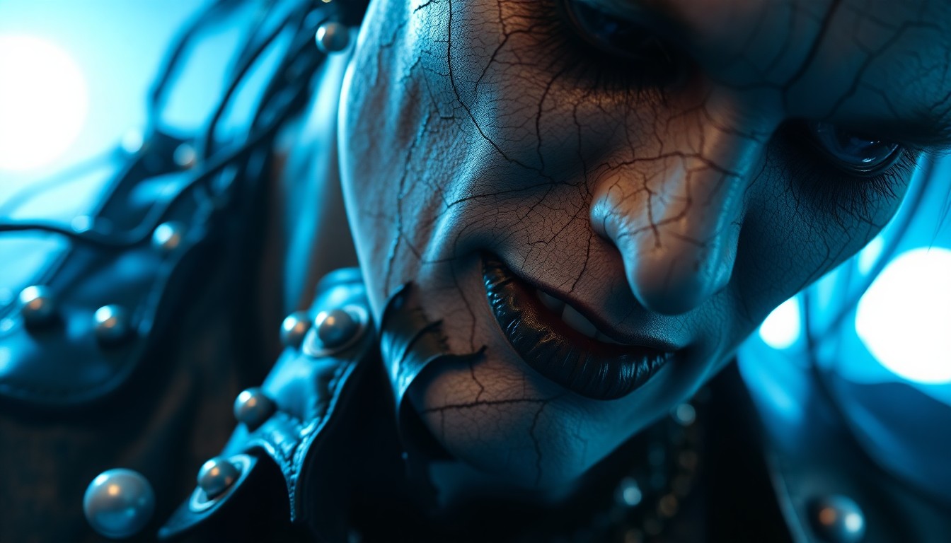 An abstract close-up photograph featuring shredded black leather, shiny metal studs, and cracked white makeup in dramatic high-contrast lighting, evoking the gritty, theatrical aesthetic of a heavy metal performance.