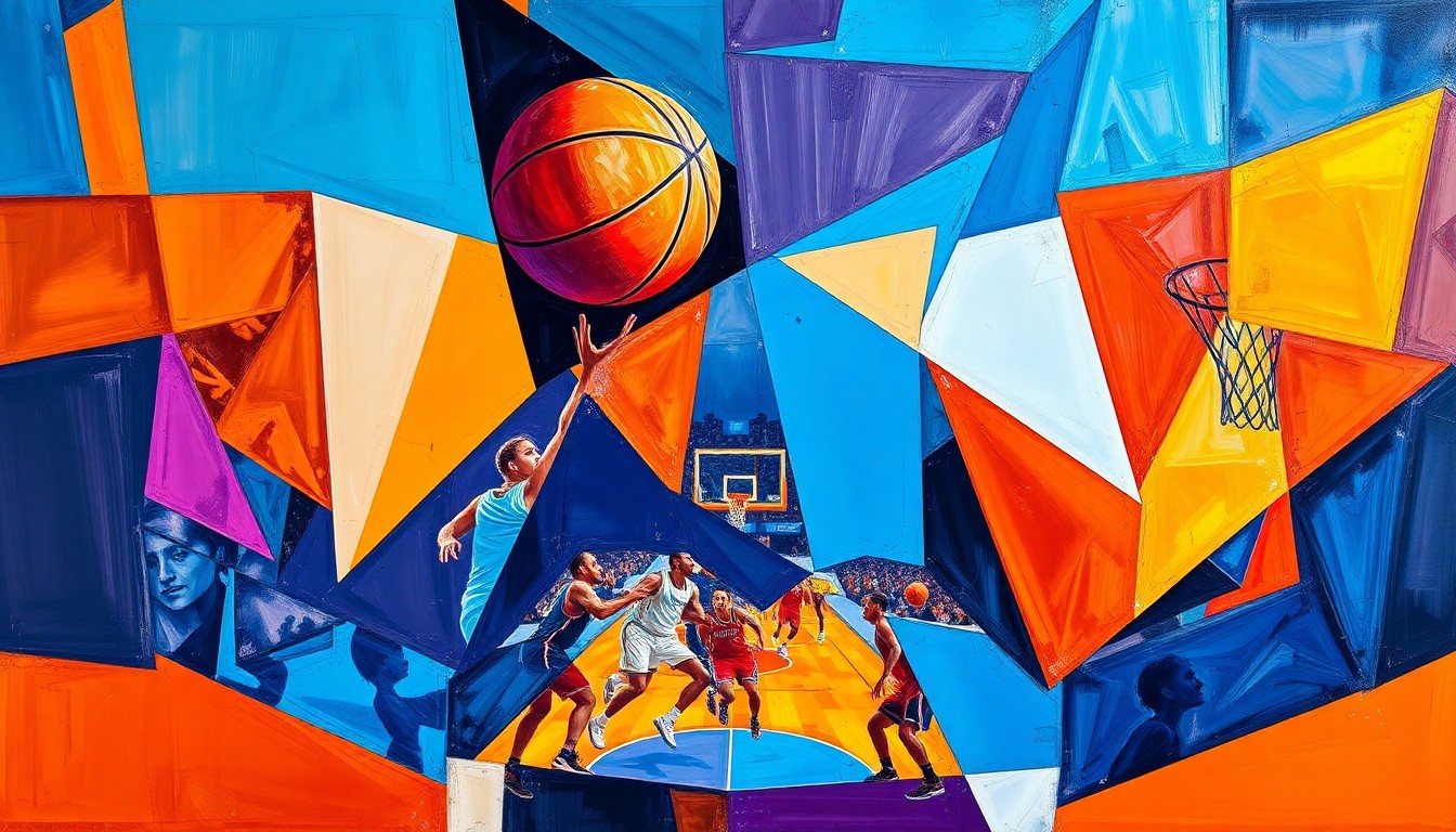 A fragmented, geometric painting depicting a basketball game in motion, with sharp planes of color and overlapping shapes representing the competitive energy of the sport.