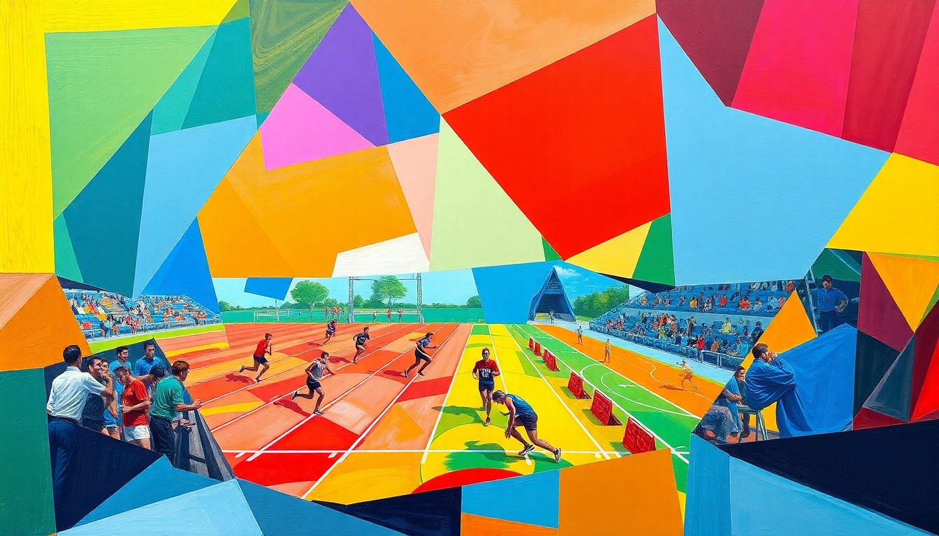 A fragmented, cubist-style painting featuring overlapping geometric shapes in the official colors of Saline, Bedford, and Huron high schools, conceptually representing the energy and competition of a track and field meet.