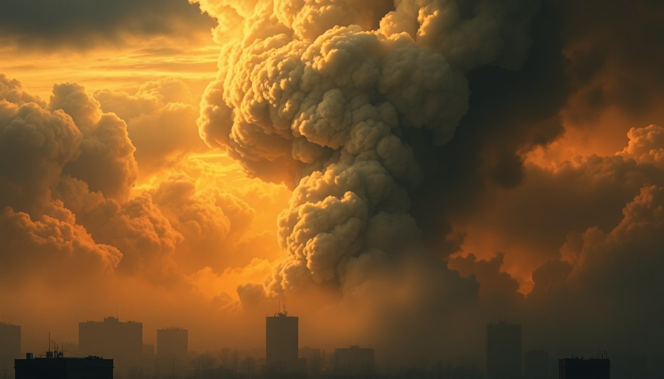 A vast, atmospheric landscape painting depicting a massive plume of smoke rising from a distant, obscured apartment building, conveying the overwhelming power and scale of the fire through dramatic lighting and deep perspective.