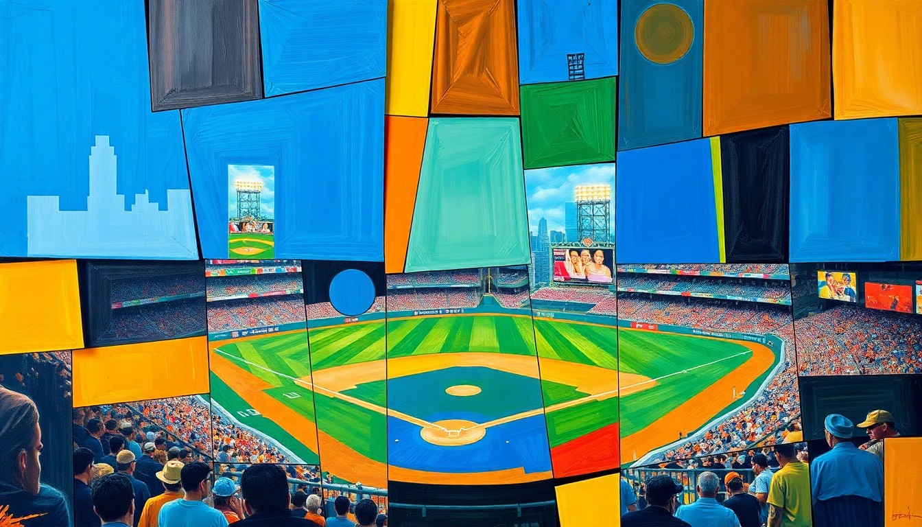 A cubist, geometric painting depicting a baseball game or match, with players and umpires fragmented into sharp, overlapping shapes and planes in a vibrant color palette.