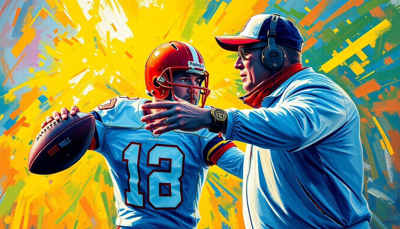 A dynamic, neon-colored expressionist painting depicting the intense energy and competitive spirit of a quarterback training with a legendary coach, their figures and movements blending together in a vibrant, abstract composition.