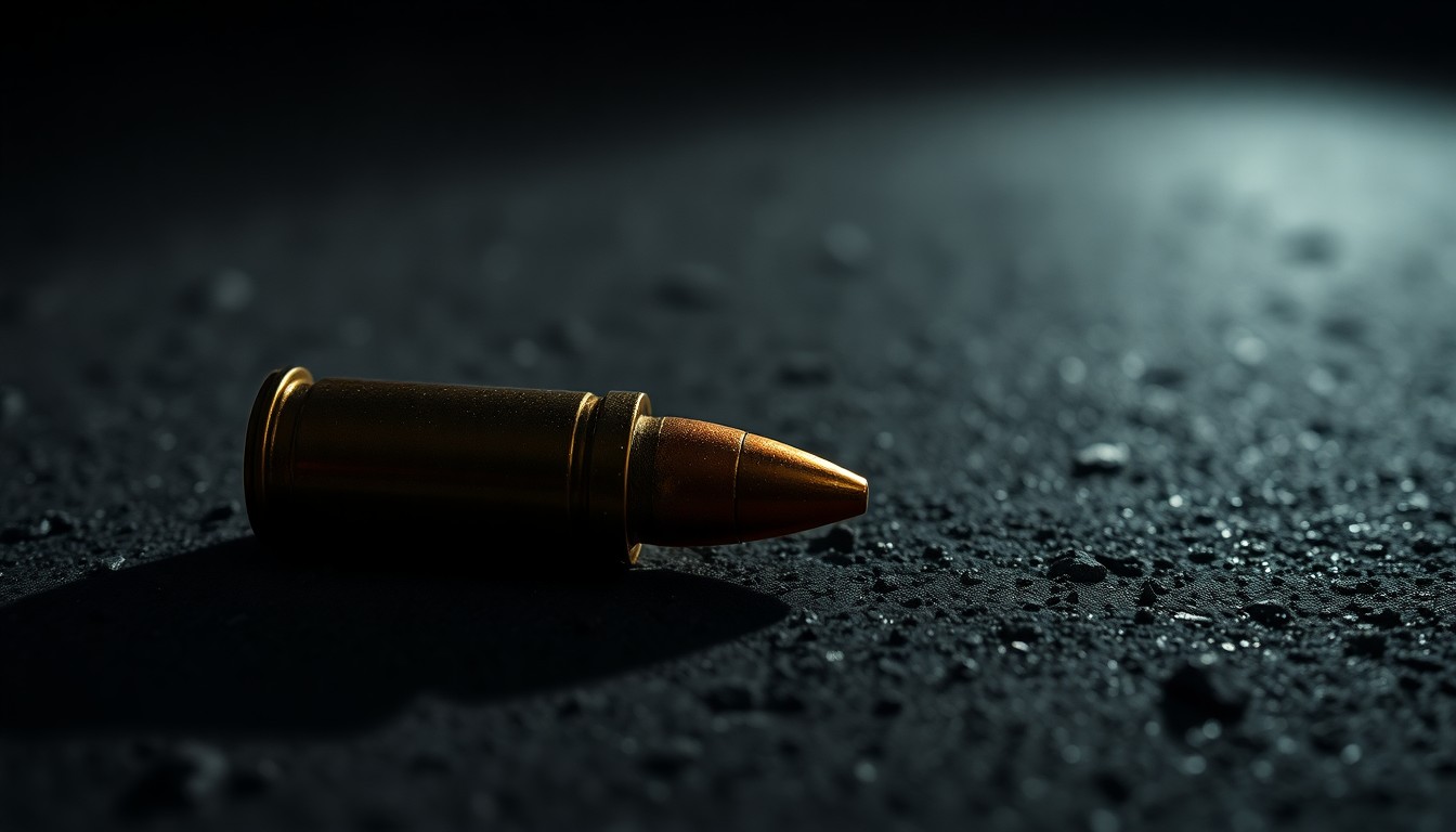 An extreme close-up photograph of a spent bullet casing on a dark, concrete surface, lit by a harsh, direct camera flash, conceptually representing the physical evidence from a party shooting incident that left several juveniles injured.