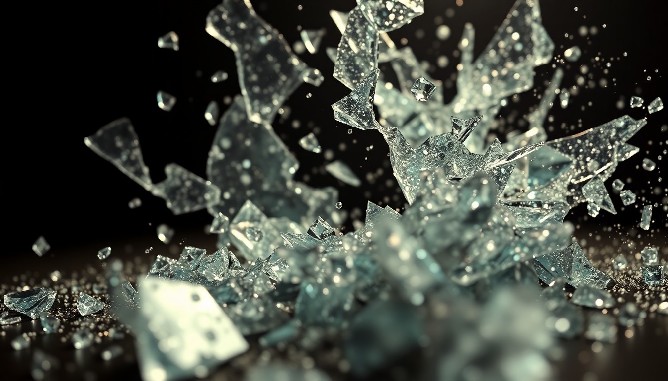 An extreme, abstract close-up photograph featuring shattered glass and glittering sequins in high-contrast studio lighting, conceptually representing the visual style and emotional tone of the film Carolina Caroline.